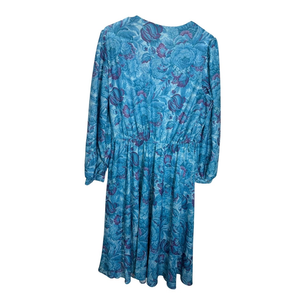 Studio 36 18 Blue Floral Midi Dress Long Sleeve Elastic Waist Vintage 80s Retro
